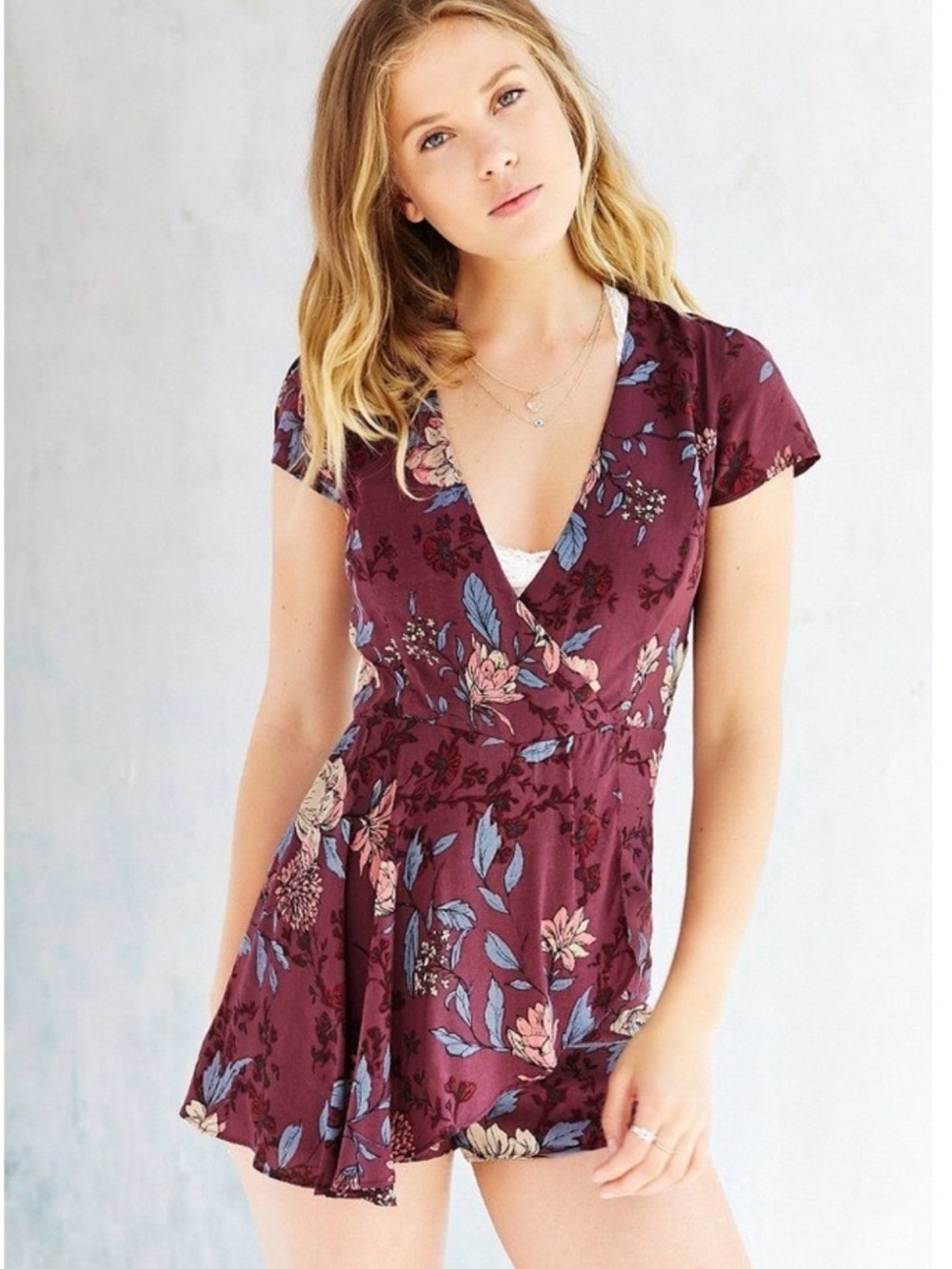UO Kimchi Blue Anita Burgundy Floral Wrap Romper